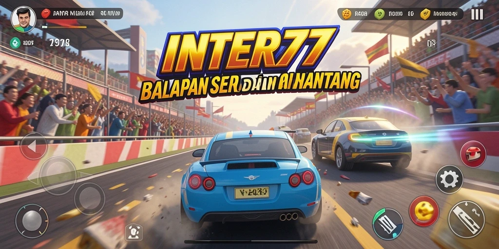 Screenshot INTER77 menunjukkan aksi balapan yang mendebarkan di trek yang menantang.