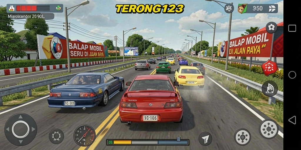 Gameplay seru dengan mobil balap di trek menantang.